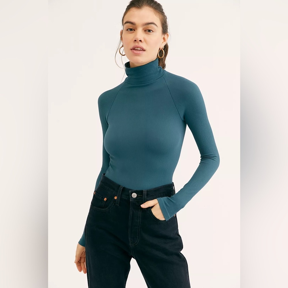 Free‎ People Intimately Seamless Turtleneck Bodysuit Teal Jewel Green Ribbed